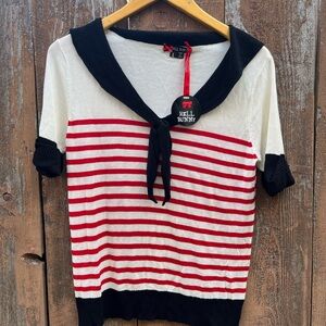 Hell Bunny Red and White Tie Front Blouse with Sailor Collar